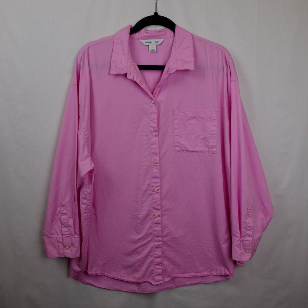 Old Navy The Boyfriend Shirt Women's Large Pink Long Sleeve Button Up Preppy - Picture 12 of 13
